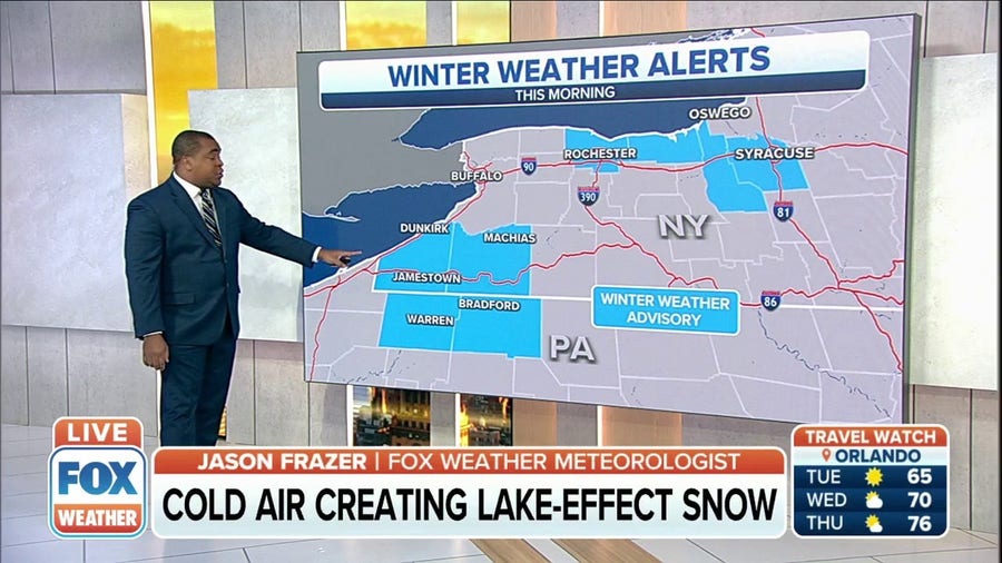 Cold air creating lake-effect snow in Great Lakes region