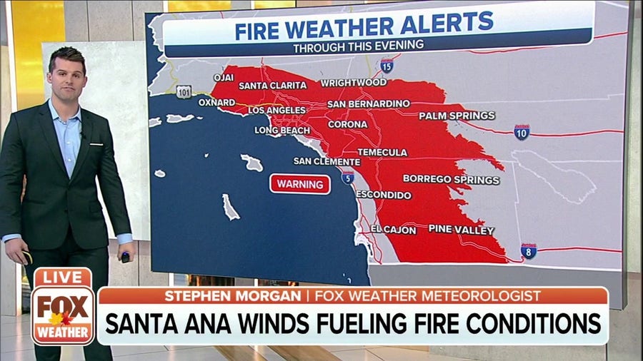Strong Santa Ana winds creating critical fire weather conditions in Southern California 