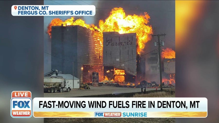 Fast-moving winds fuel wildfire in Denton, Montana