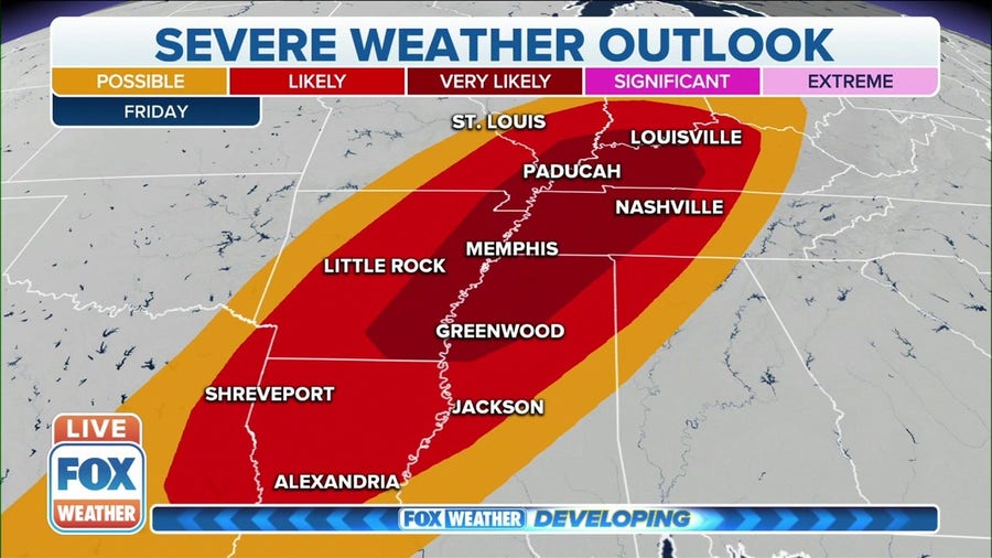Severe storms, including tornadoes, possible from South to Ohio Valley on Fri.