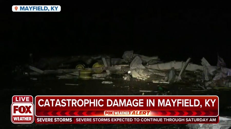 Catastrophic damage shown in Mayfield, Kentucky from tornado