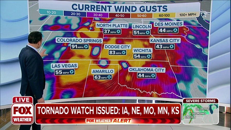 Wind gusts over hurricane force in Dodge City, KS and Colorado Springs