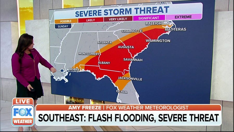 Flash flooding, severe thunderstorms possible in the Southeast on Sunday 