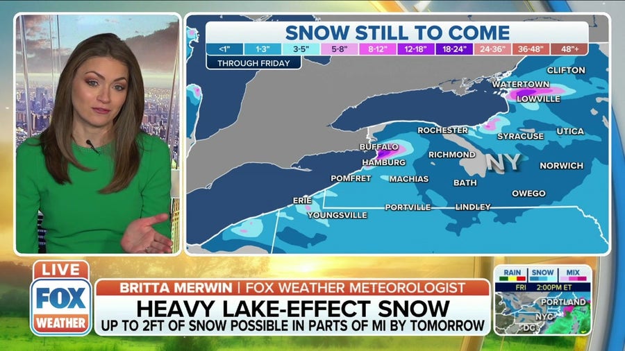 Lake-effect snow piles up in Great Lakes from Michigan to New York on Thursday
