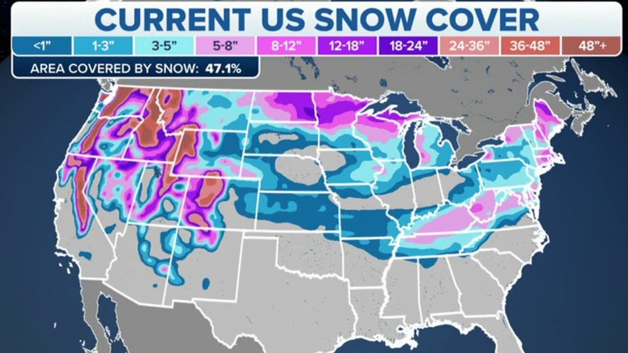 Snow covering almost half of United States