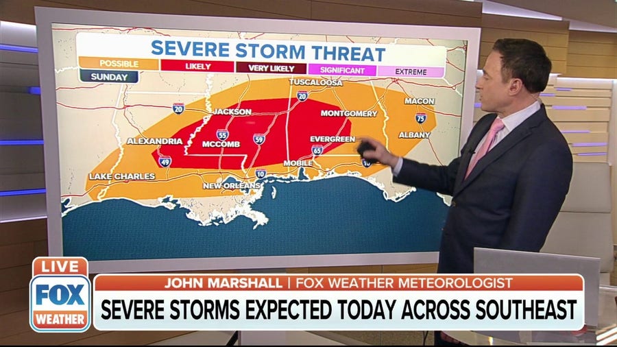 Severe storms expected across the Southeast on Sunday