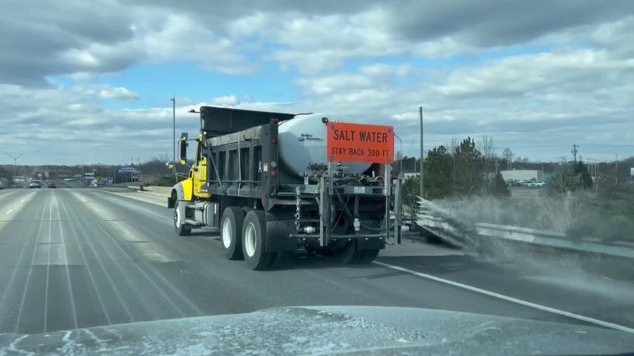 Salt trucks busy on I-85 outside of Greensboro, North Carolina