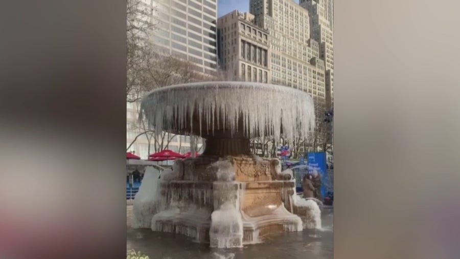 Bryant Park, NYC fountain freezes Wednesday amid frigid temperatures