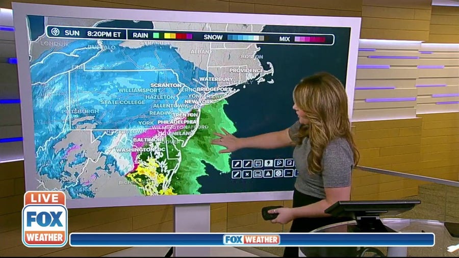 Latest radar showing rain/snow mix in Philadelphia and Baltimore