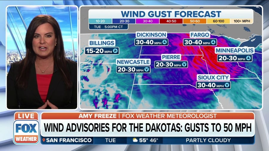 Dakotas could see wind gusts up to 50 MPH Tuesday evening