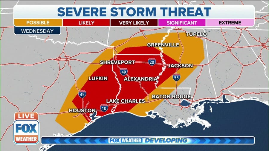 Severe storms to threaten parts of the Gulf Coast on Wednesday