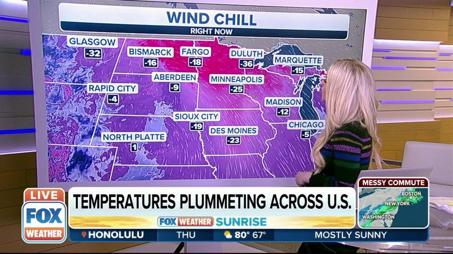 Wind chills well below zero as temperatures plummet across central, eastern US