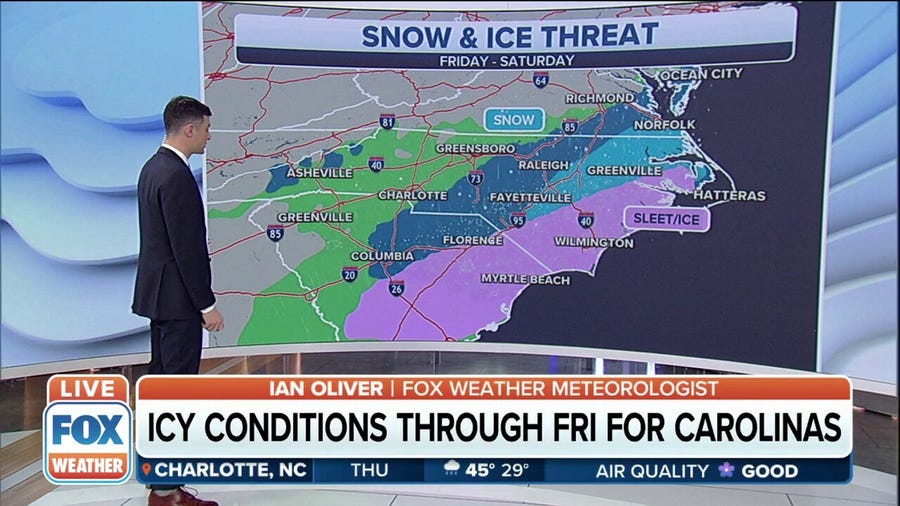 Icy conditions expected through Friday for Carolinas from winter storm