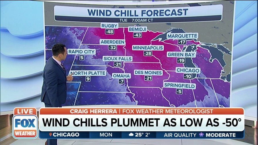 Wind chills plummet as low as -50 as arctic air invades Northern Plains