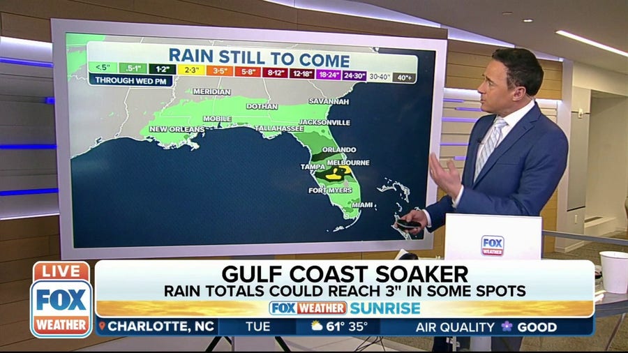 Locally heavy rain along Gulf Coast spreads into Florida on Tuesday