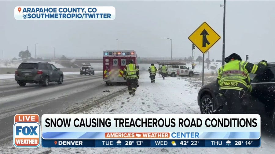 Treacherous road conditions in Denver, CO due to snow