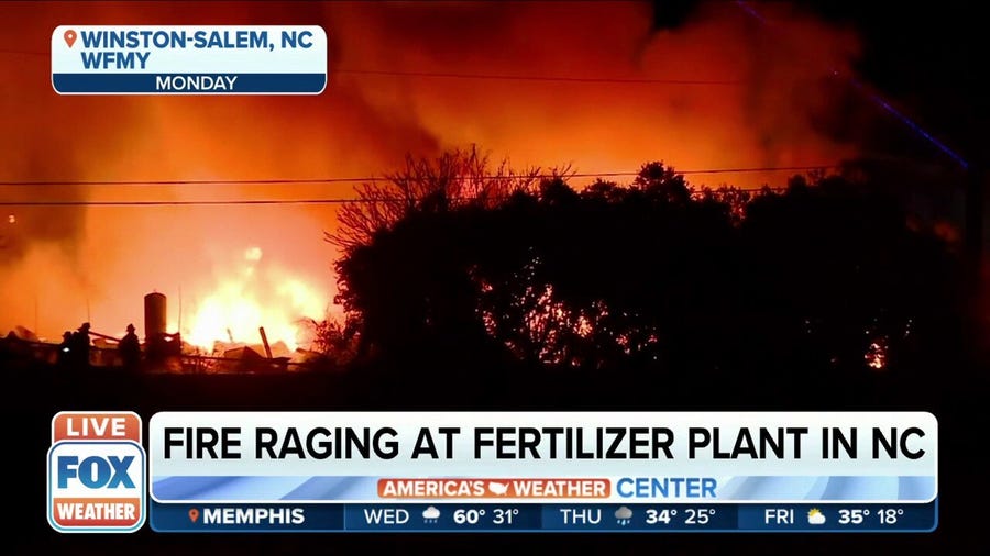 Massive fire at fertilizer plant in North Carolina, winds blow smoke from flames