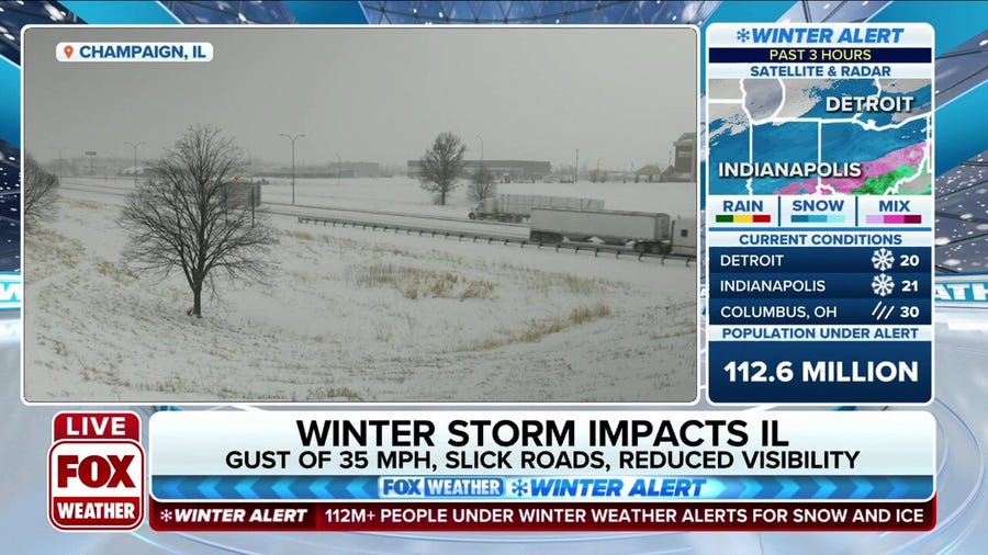 Champaign, IL seeing 35 mph wind gusts, slick roads on day two of winter storm