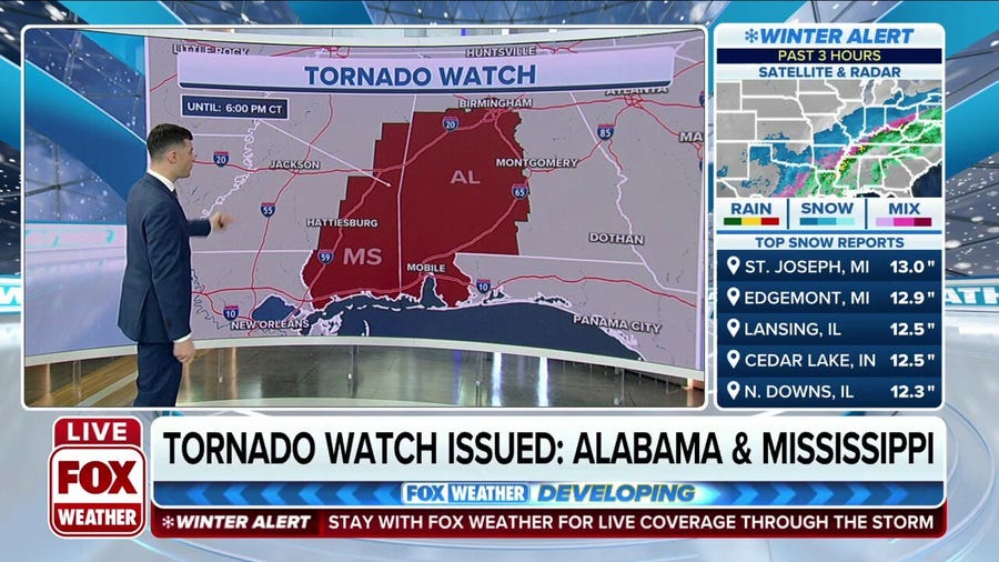 Winter storm spawns Tornado Watch for Alabama and Mississippi