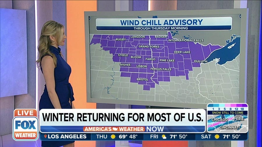 Wind chill temperatures below zero in Northern Plains by Thursday