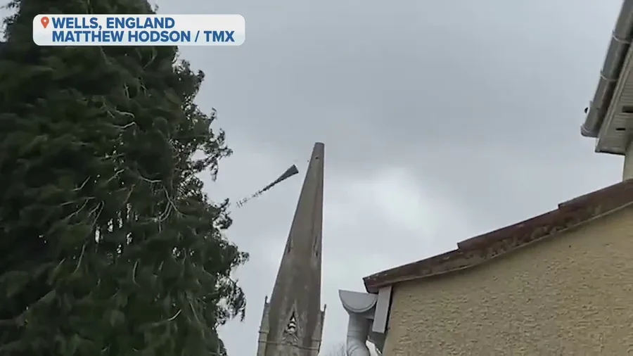 Spire falls from church in England during Storm Eunice