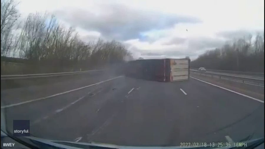 Winds topple truck in England