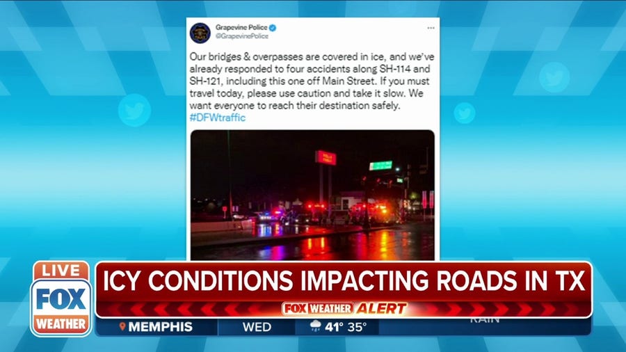 Icy conditions impacting roads in Texas, part of I-35 closed near Fort Worth