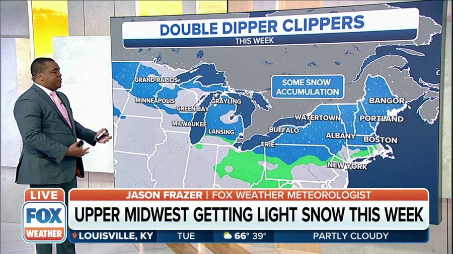 Pair of clipper systems to spread light snow across upper Midwest, Northeast