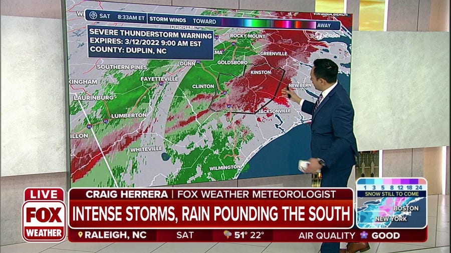 Severe Thunderstorm Warnings in the Southeast as Storms Continue to Move Through