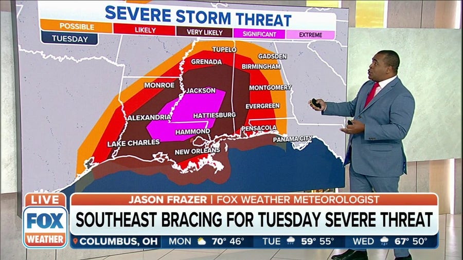 Significant severe weather outbreak shifts east to Louisiana, MS and AL on Tuesday