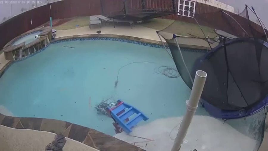 Powerful winds flip trampoline into a Texas swimming pool