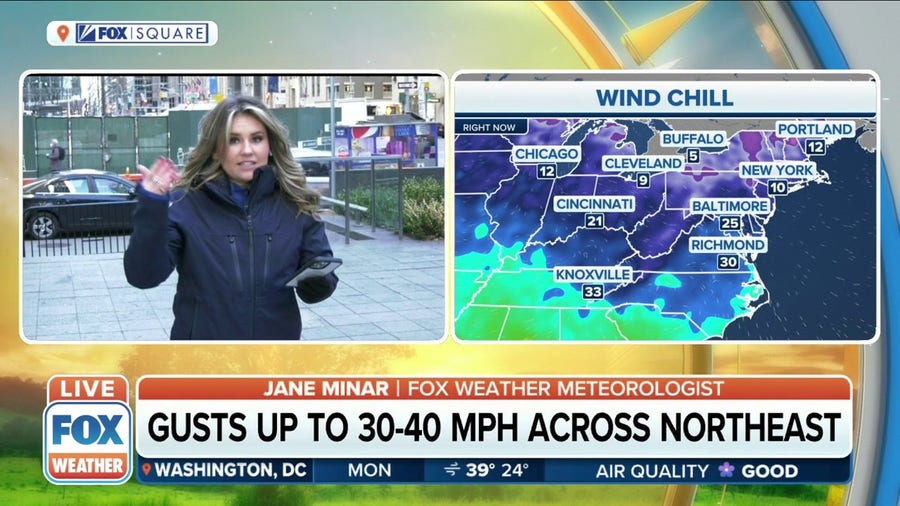Wind gusts could reach 30-40 mph as the cold grips the Northeast