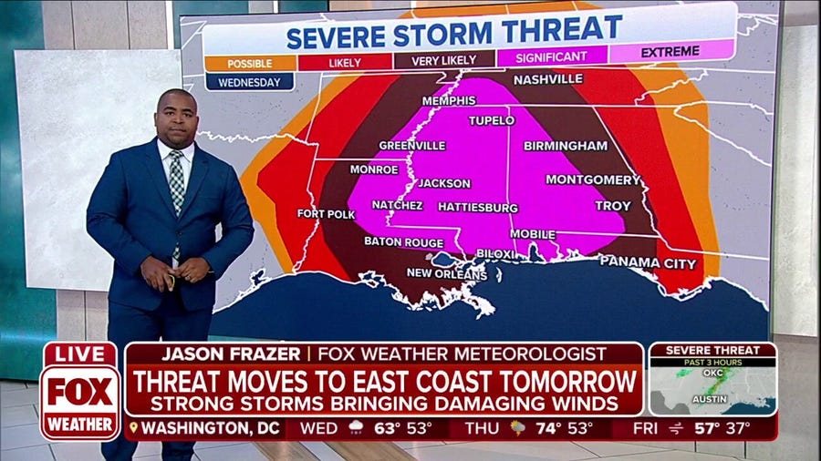 Outbreak of severe storms to hit South with destructive winds, tornadoes on Wednesday