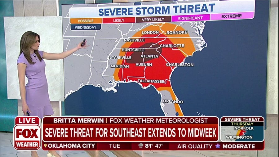 Severe threat for Southeast extends to midweek with potential for tornadoes