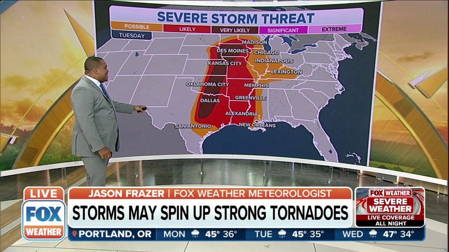 Threat of severe weather stretches from Iowa to Texas starting Tuesday