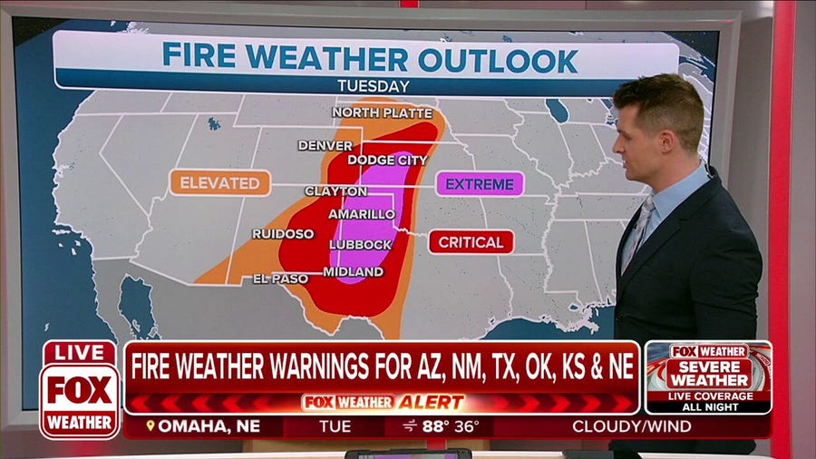 Extreme fire conditions in Southern and Central Plains continue Tuesday