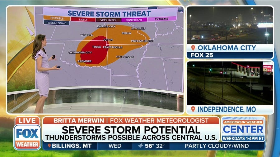 Severe storms possible across Central US on Wednesday