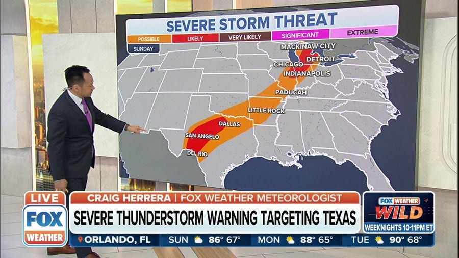 Threat for severe weather extends from the Great Lakes to Texas on Sunday