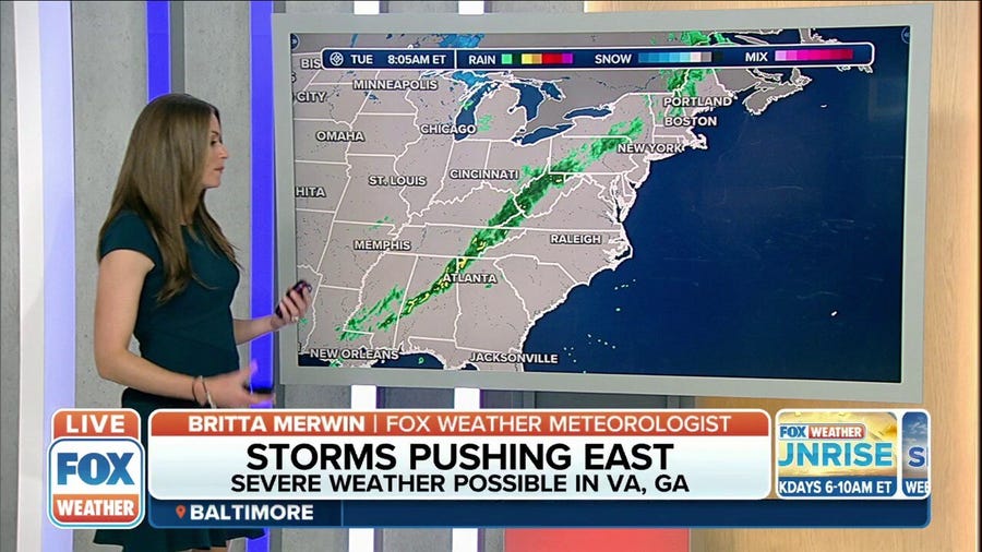 Severe storms possible from mid-Atlantic to Southeast on Tuesday