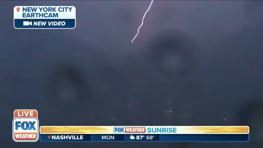 Lightning strikes One World Trade Center as storms moved through NYC