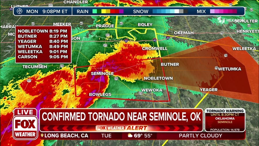 Tornado confirmed, softball-sized hail reported in Seminole, OK