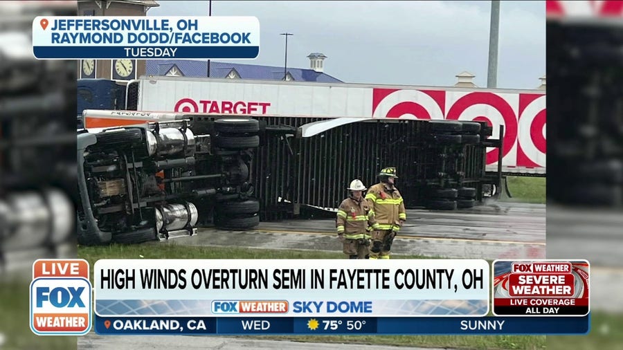 High winds overturned semi-trucks in Ohio during severe storms on Tuesday