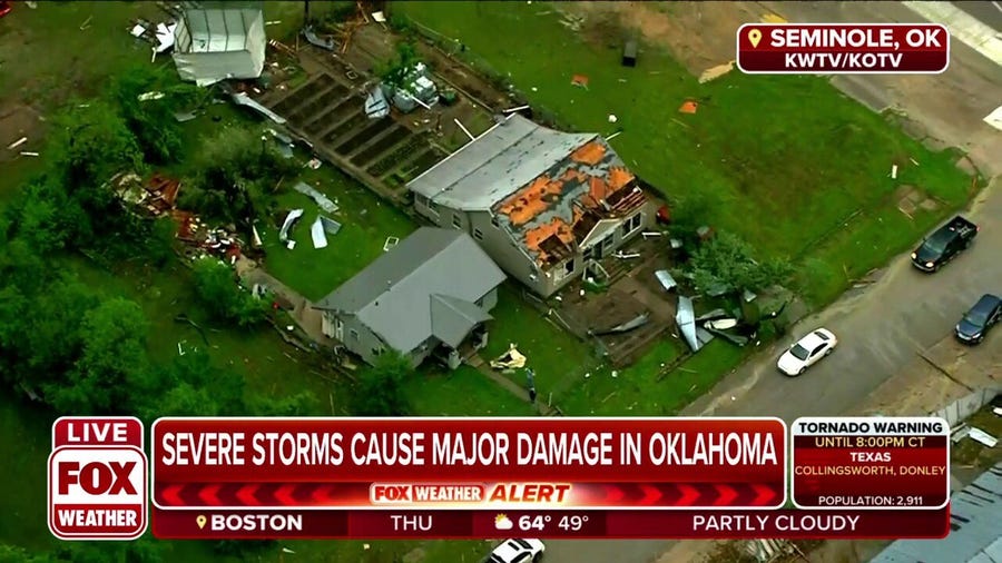 Aerial view shows tornado damage in Seminole, Oklahoma