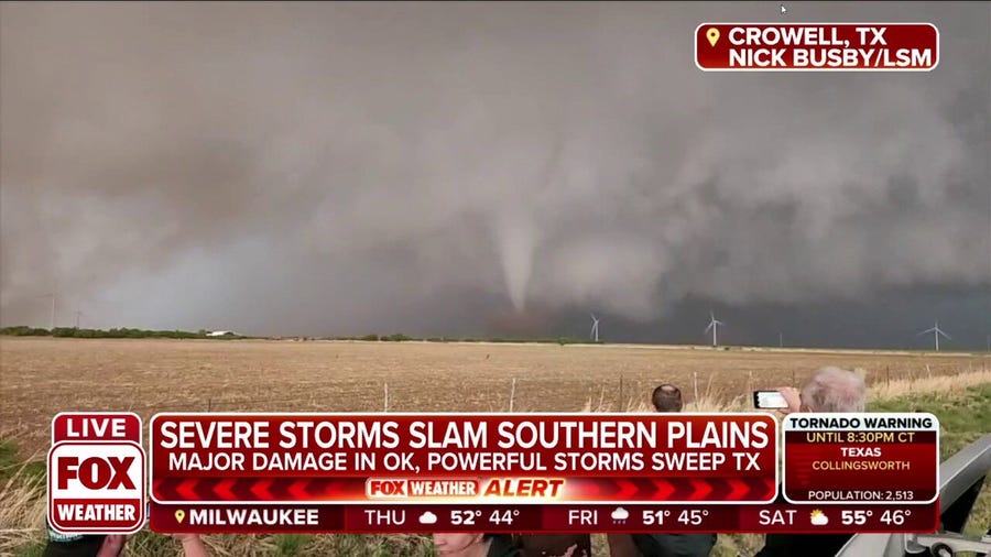Tornado spotted near field in Crowell, TX