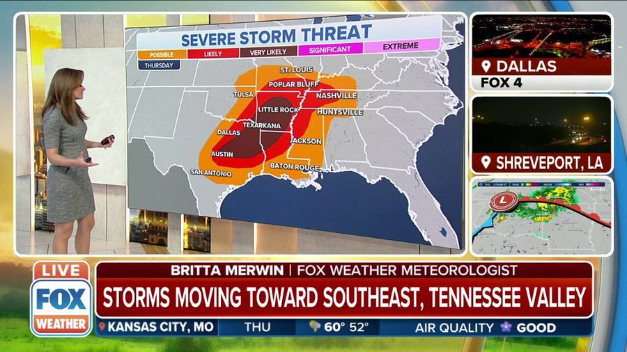 Severe storm threat marches eastward from Texas to Mississippi and Tennessee valleys