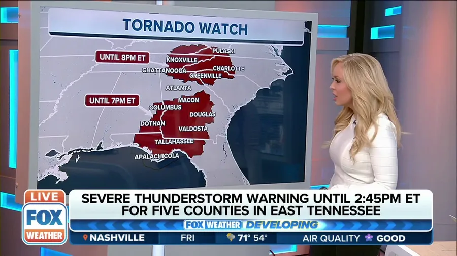 Tornado Watches issued for multiple states across the Southeast and mid-Atlantic