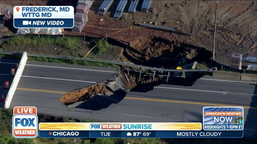 Massive sinkhole shuts down road, damages water line in Maryland