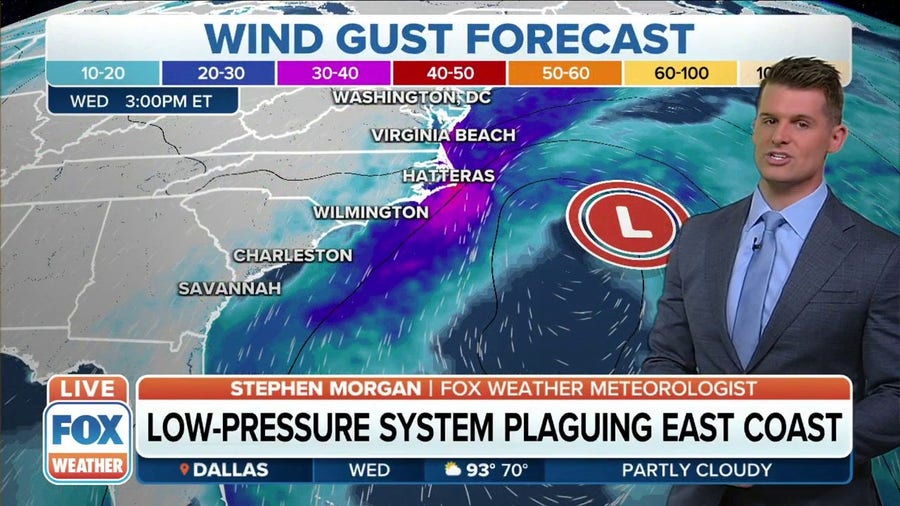 Low-pressure system continues to bring gusty winds, high surf to East Coast