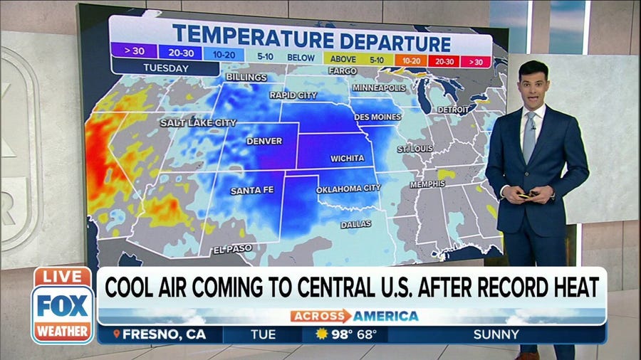Temperature departure in Central US following record heat