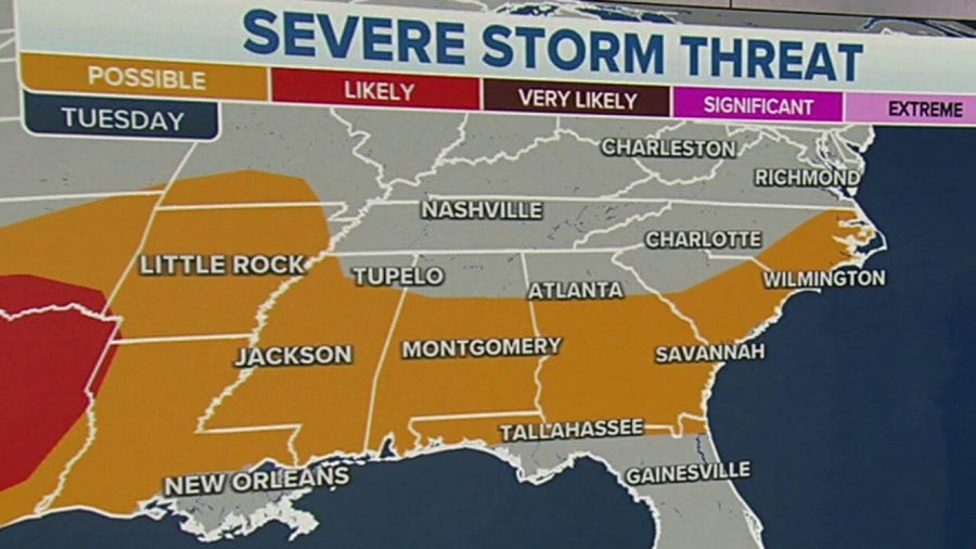 Severe storm threat stretches from Texas to the Carolinas Tuesday